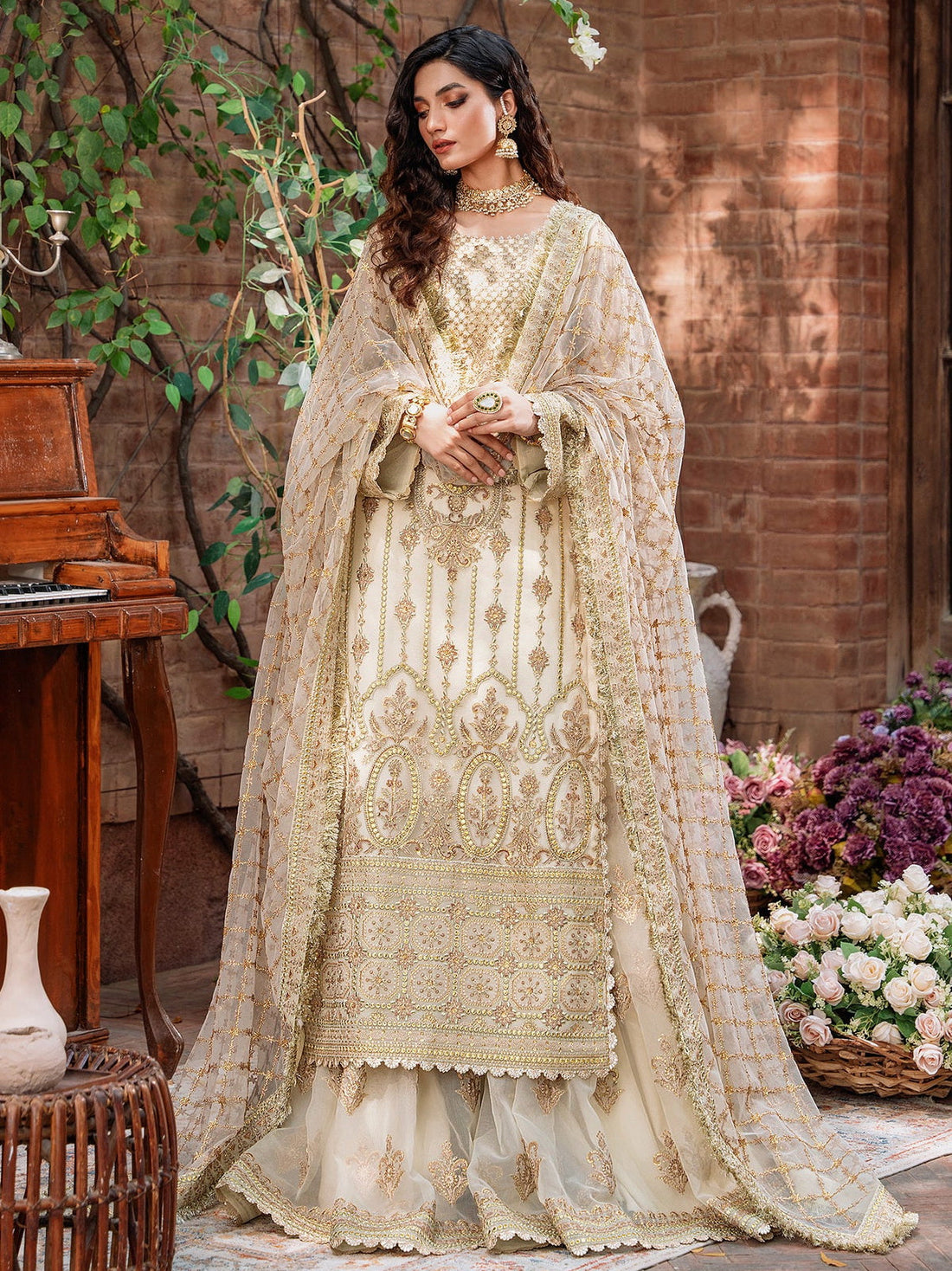 Akbar Aslam Mastani Embroidered Net 3Pc Suit - MEHRUNISA - House Of Hania