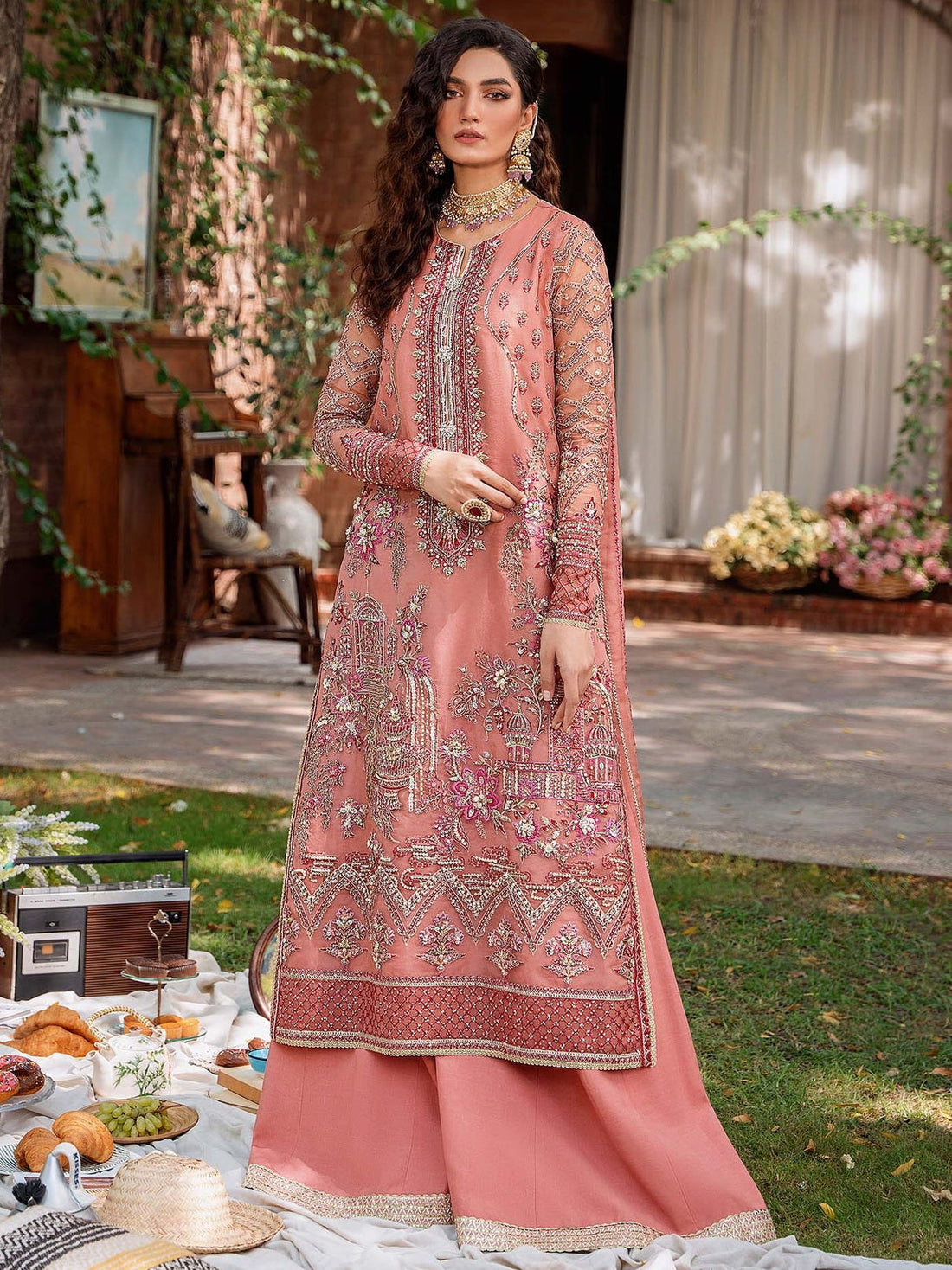 Akbar Aslam Mastani Embroidered Organza 3Pc Suit - MEHRBANO - House Of Hania
