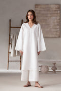 Model wearing Akbar Aslam Solace long shirt & trousers