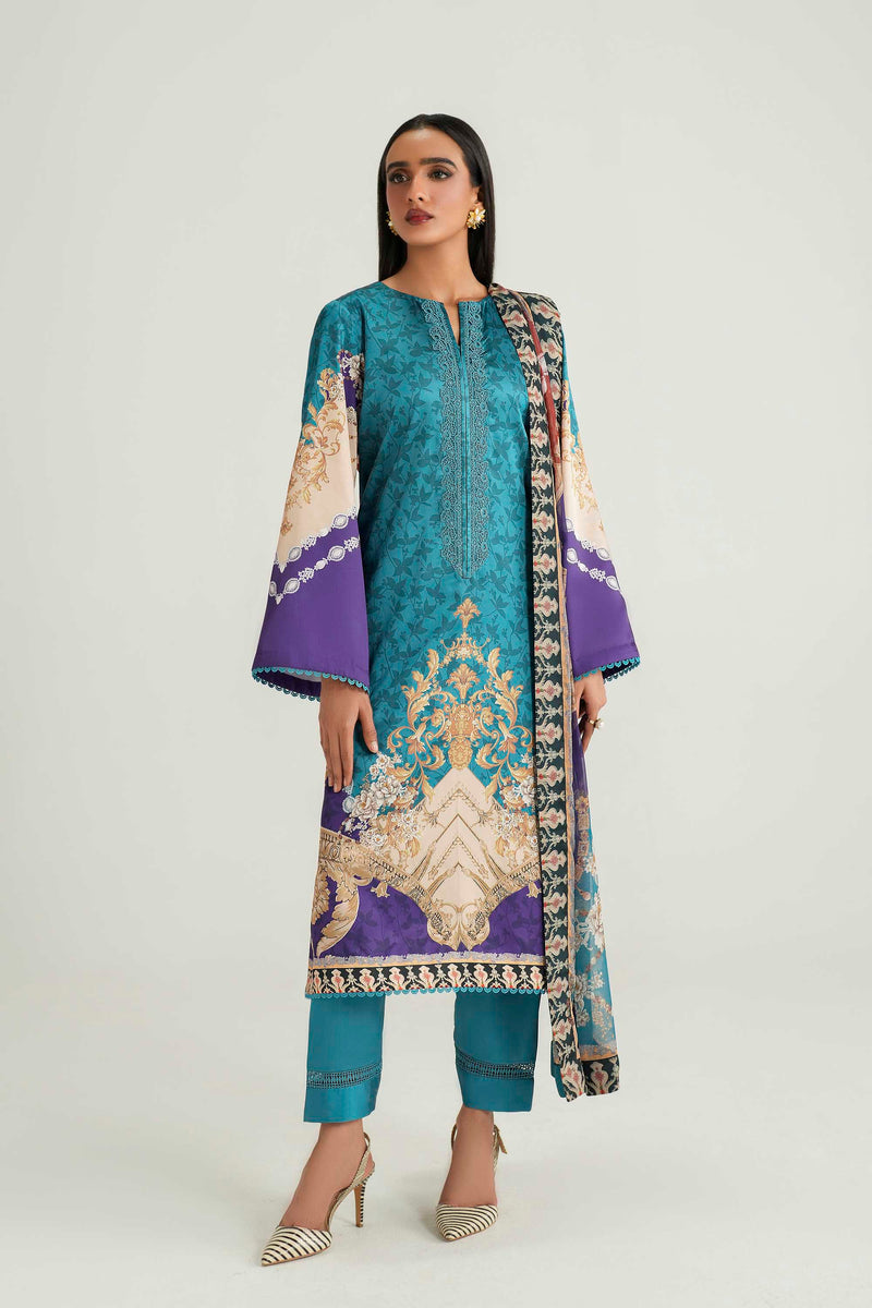 Model wearing Akbar Aslam Azure long shirt & trousers