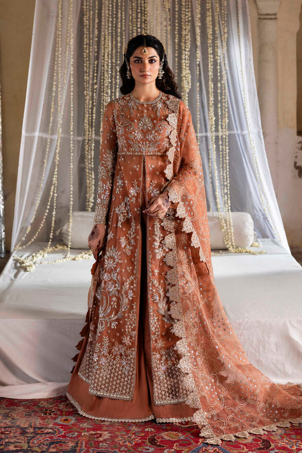 Model wearing Akbar Aslam Meherun panelled maxi & trousers with dupatta