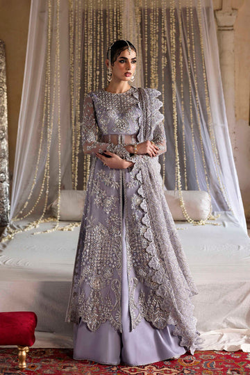 Model wearing Akbar Aslam Yashm panelled maxi & trousers with dupatta