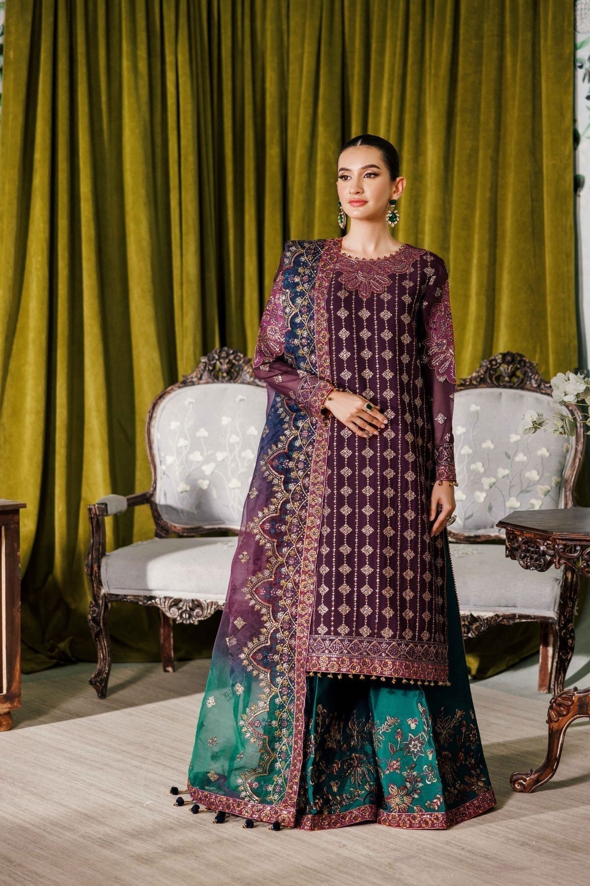 Alizeh Fashion Luxury Embroidered Chiffon 3Pc Suit AF-CH-2173-Nagar B Magenta - House Of Hania