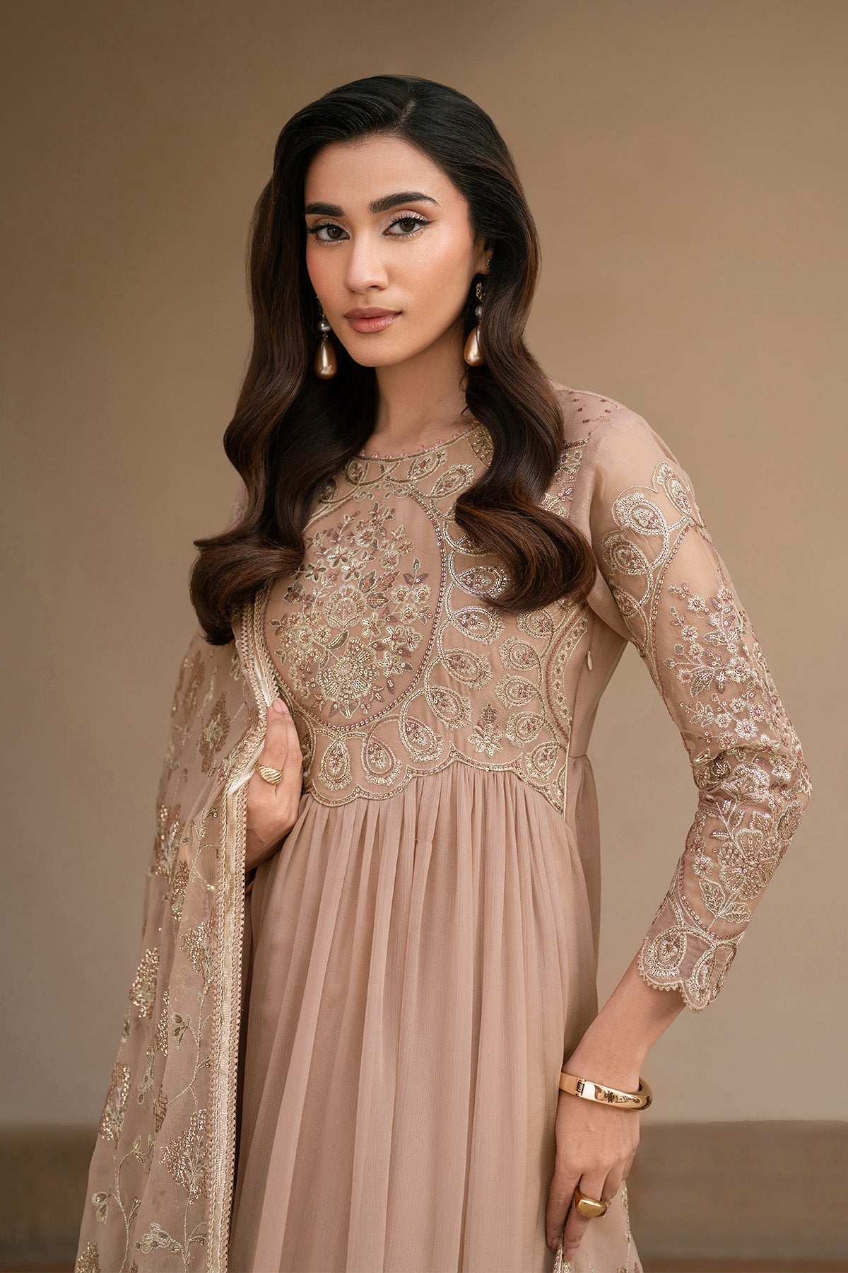 Alizeh | Ready to wear | Beige Dress 3 piece - RTW1027 - House Of Hania