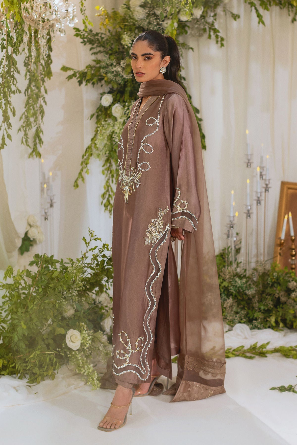 Annus Abrar | Lumi Eid Edit | Amalina Taupe (Shirt and Pants) - House Of Hania