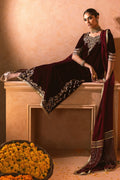 Annus Abrar | Mirha Winter Velour | Dahlia (Shirt, Pants and Dupatta) - House Of Hania