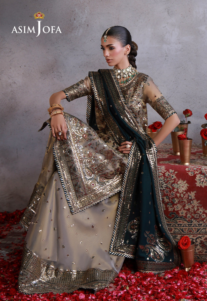 Asim Jofa | Ishq e Eid | AJULN-19 Embroidered Zari Check Net  3 Pcs - House Of Hania
