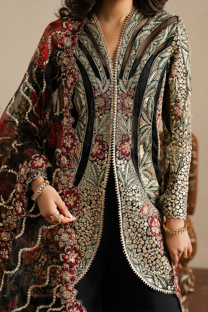 Ayzel Ehsaas | Black Front-Open Jacket Silk Festive Set - House Of Hania