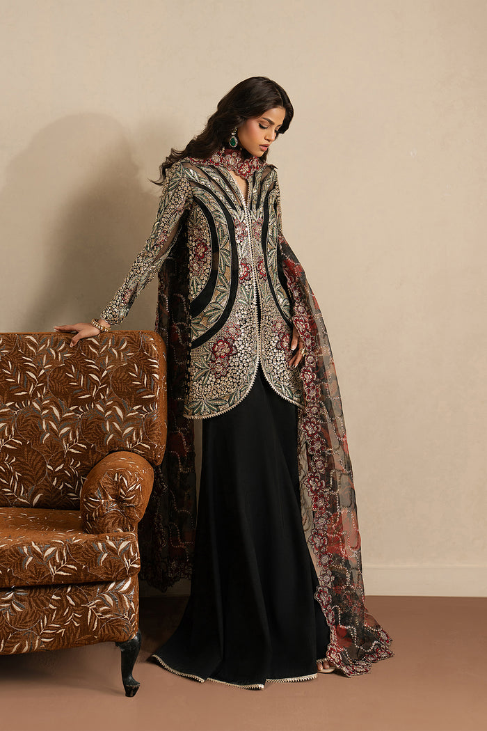 Ayzel Ehsaas | Black Front-Open Jacket Silk Festive Set - House Of Hania