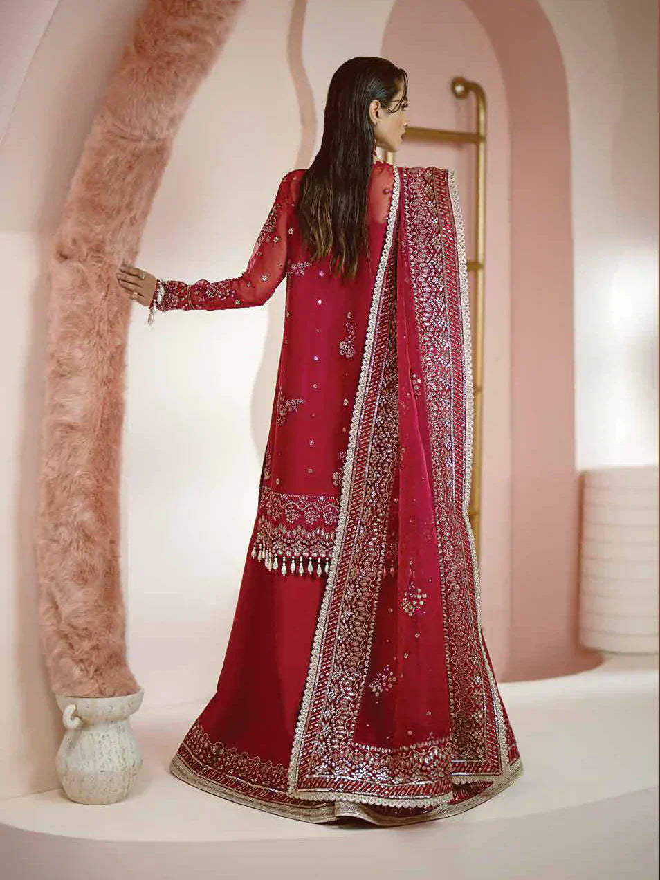 Ayzel Luminara Embroidered Organza 3Pc Suit AWF-03 RUBY - House Of Hania