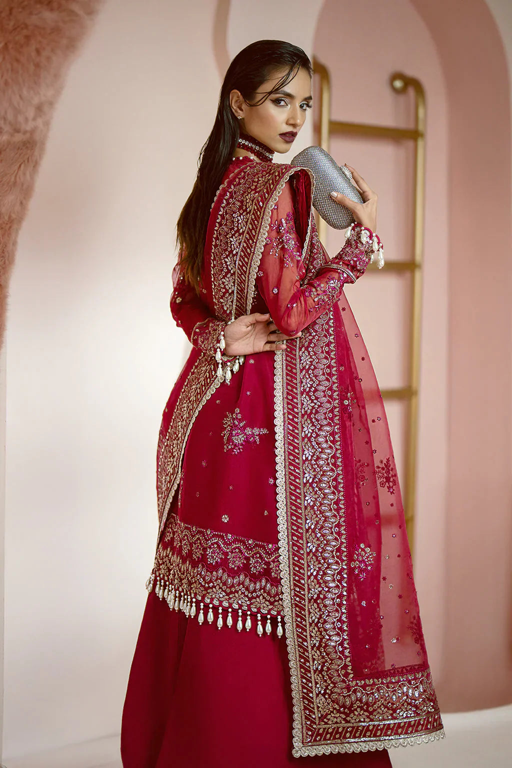 Ayzel Luminara Embroidered Organza 3Pc Suit AWF-03 RUBY - House Of Hania