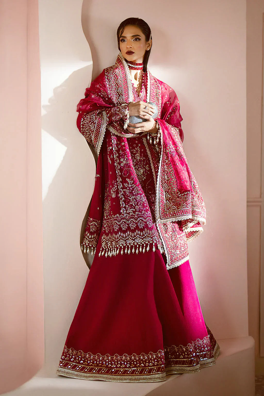 Ayzel Luminara Embroidered Organza 3Pc Suit AWF-03 RUBY - House Of Hania