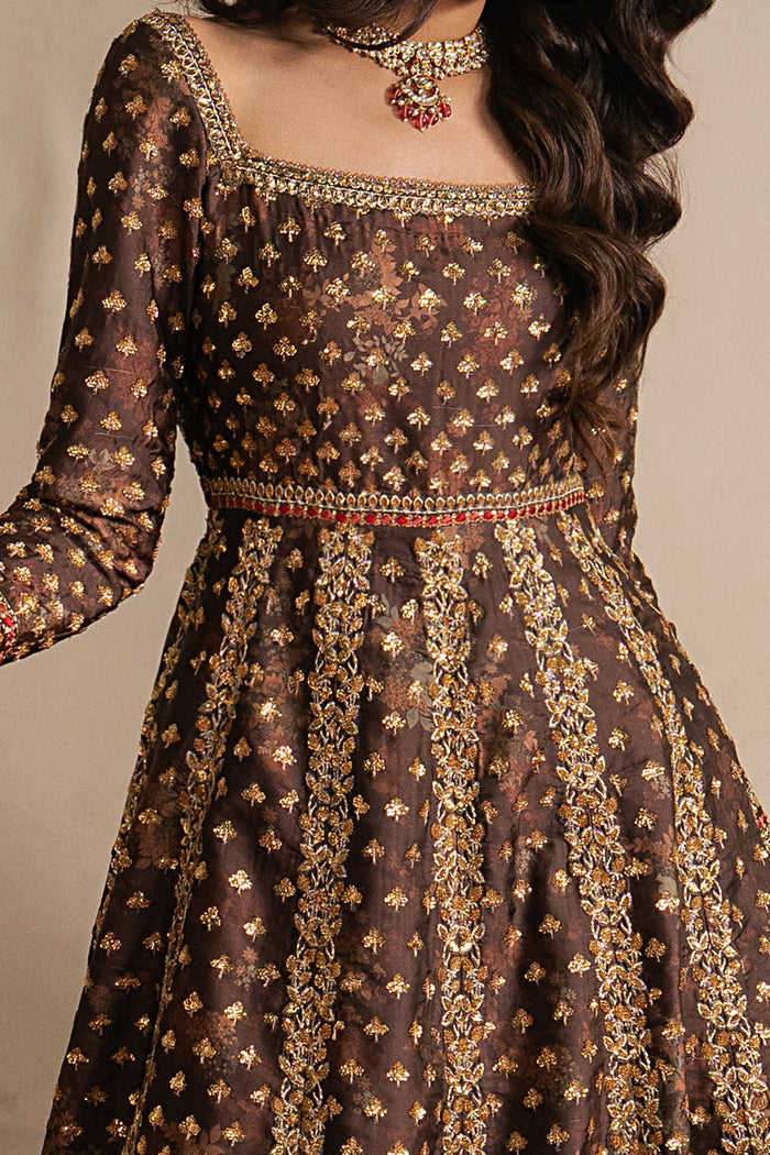 Ayzel Nazaakat | Dark Brown Panelled Anarkali Silk Festive Set - House Of Hania