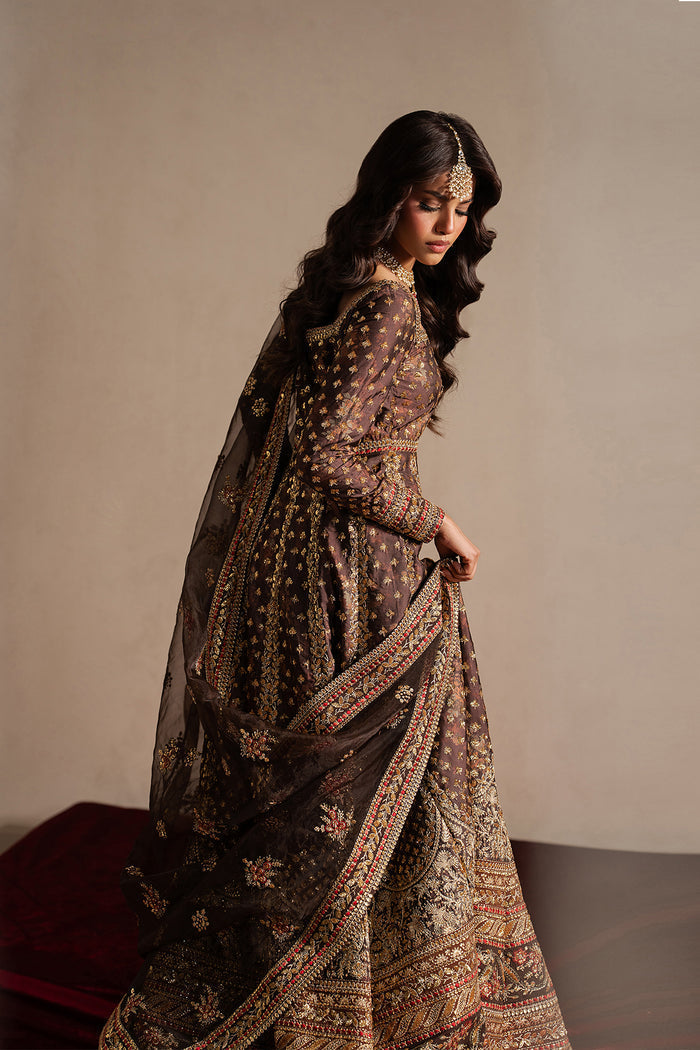 Ayzel Nazaakat | Dark Brown Panelled Anarkali Silk Festive Set - House Of Hania