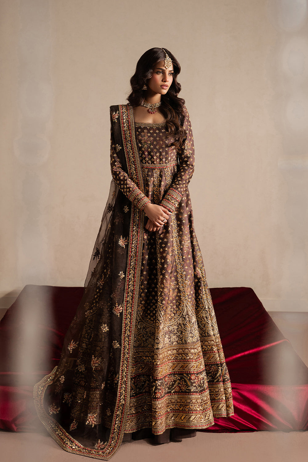 Ayzel Nazaakat | Dark Brown Panelled Anarkali Silk Festive Set - House Of Hania