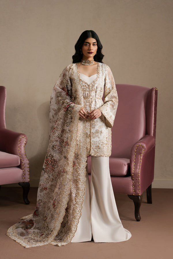 Ayzel Riwaayat | Off White Peplum Silk Festive Set - House Of Hania