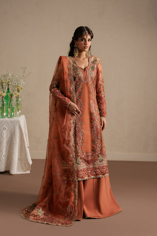 Ayzel Sahaara | Rust V-Neck Shirt with Silk Palazzo Festive Set - House Of Hania