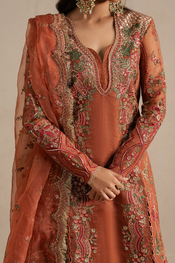 Ayzel Sahaara | Rust V-Neck Shirt with Silk Palazzo Festive Set - House Of Hania