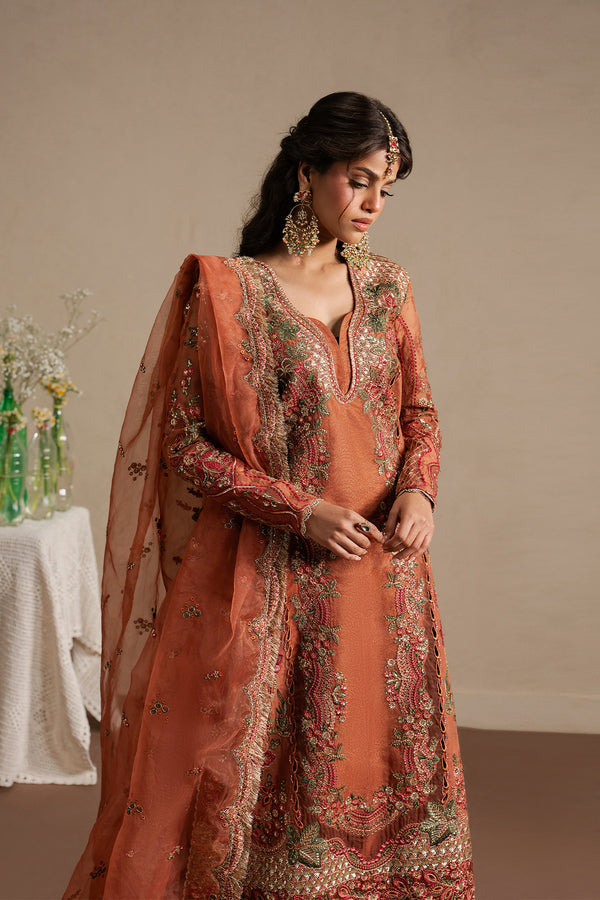 Ayzel Sahaara | Rust V-Neck Shirt with Silk Palazzo Festive Set - House Of Hania