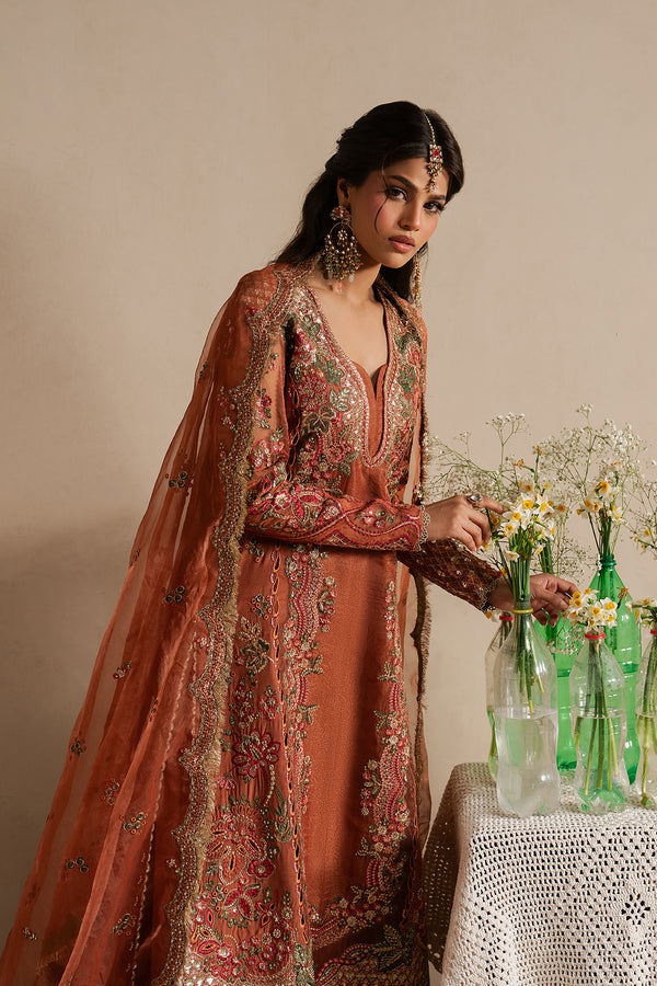 Ayzel Sahaara | Rust V-Neck Shirt with Silk Palazzo Festive Set - House Of Hania