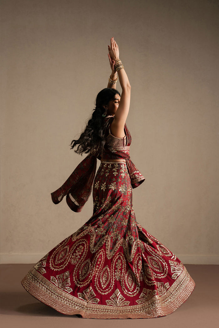 Ayzel Taaruf | Maroon Lehenga Choli Silk Festive Set - House Of Hania