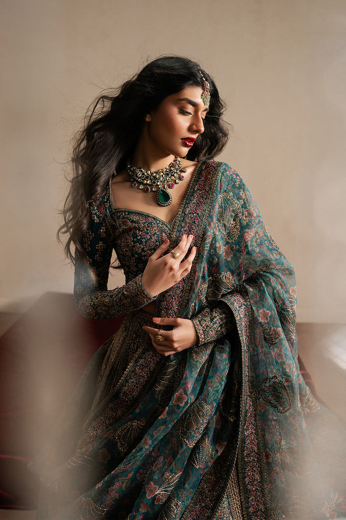 Ayzel Tassavur | Teal Green Lehenga Choli Silk Festive Set - House Of Hania