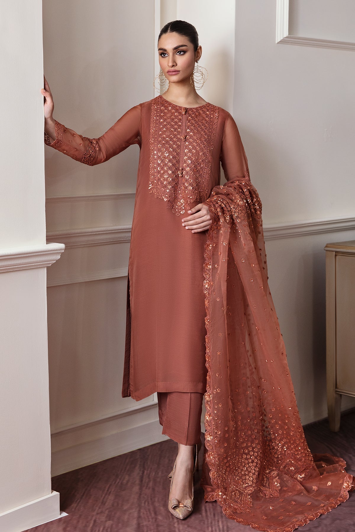 Rust Organza Suit (3-Piece) by Baroque – SF-296