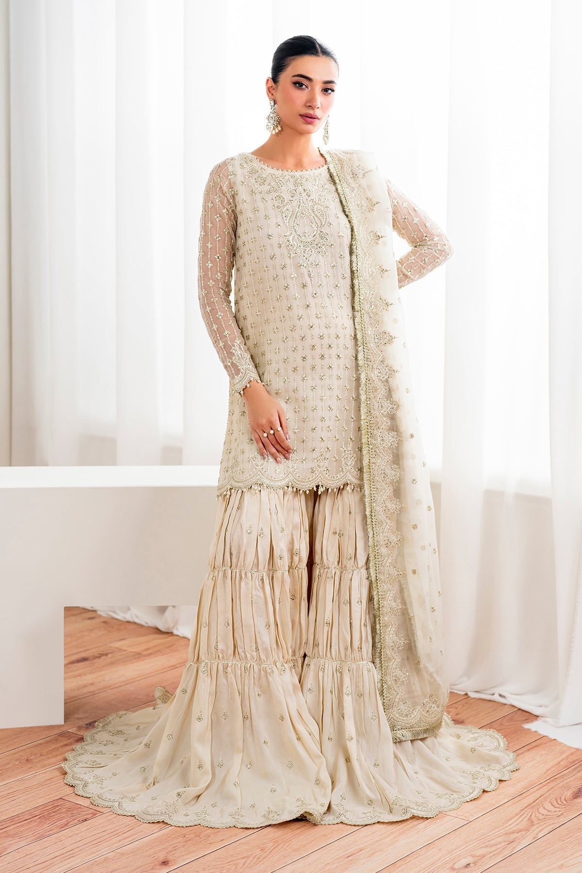White Chiffon Gharara Set (3-Piece) by Baroque – SF-687, Photo 2