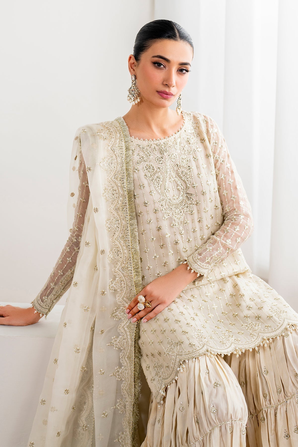 White Chiffon Gharara Set (3-Piece) by Baroque – SF-687, Photo 5