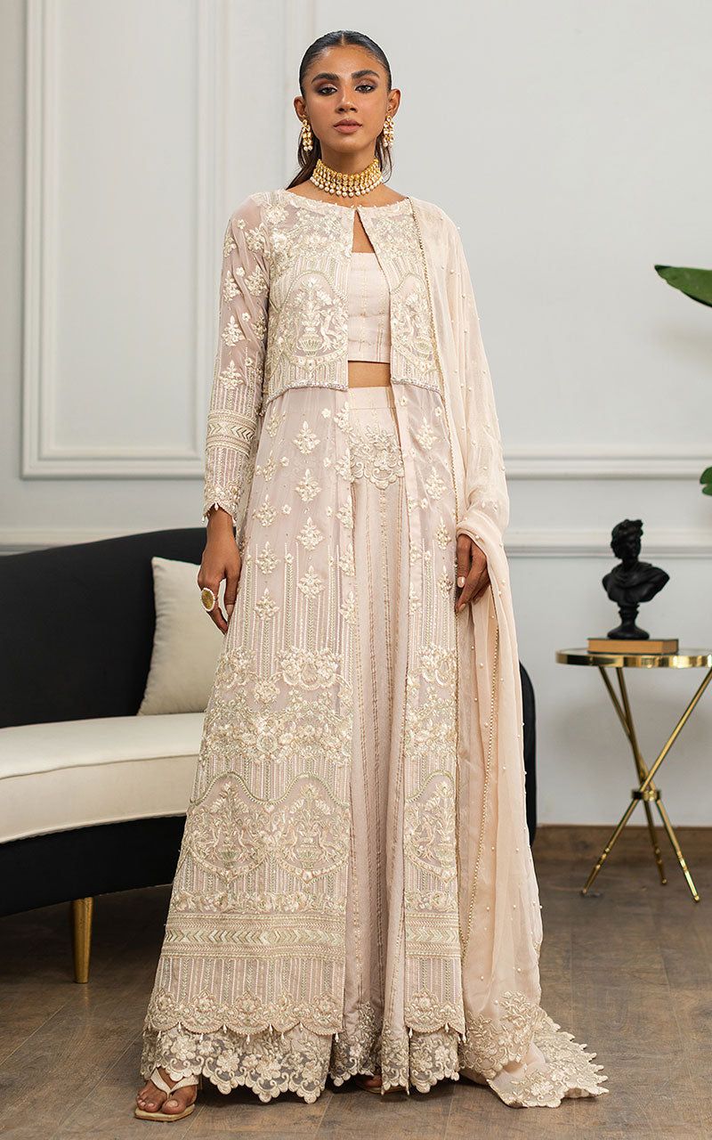Chiffon Embroidered Jacket with Skirt - House Of Hania