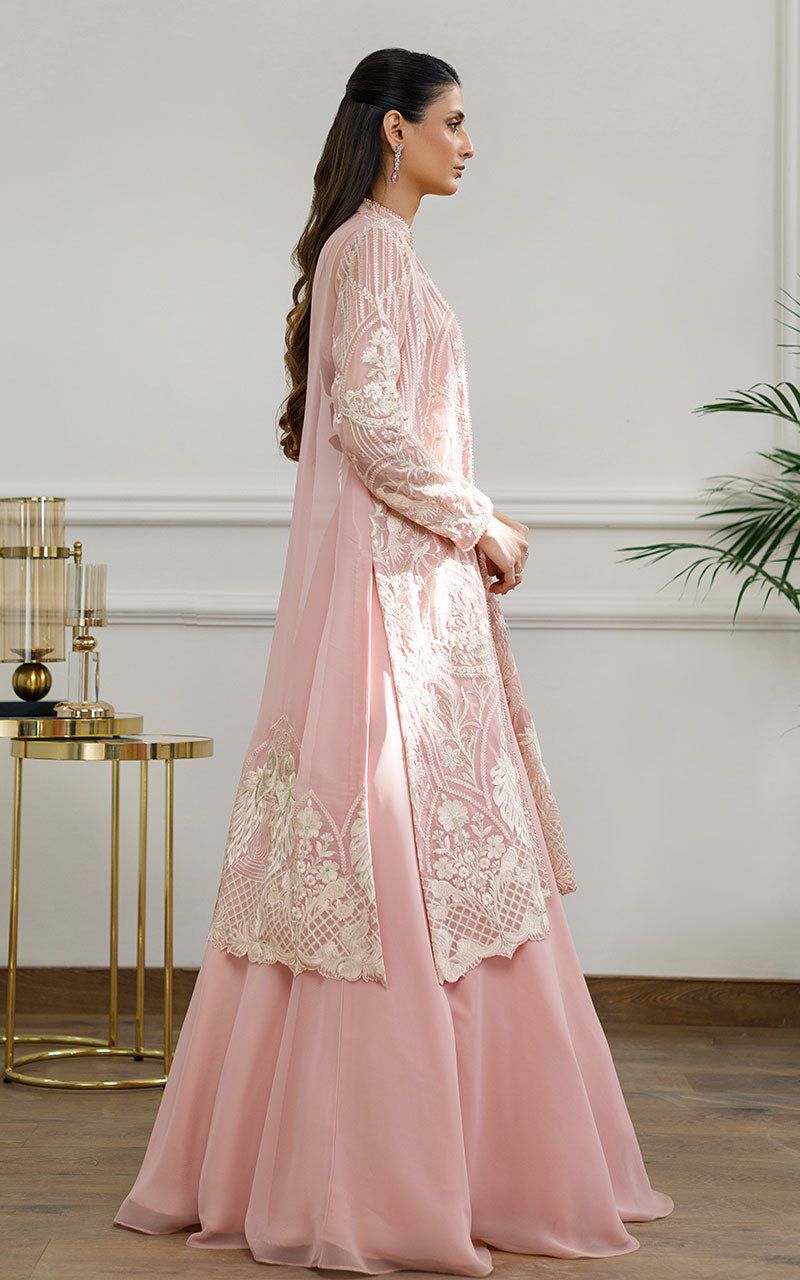 Chiffon Embroidered Jacket with Skirt - House Of Hania