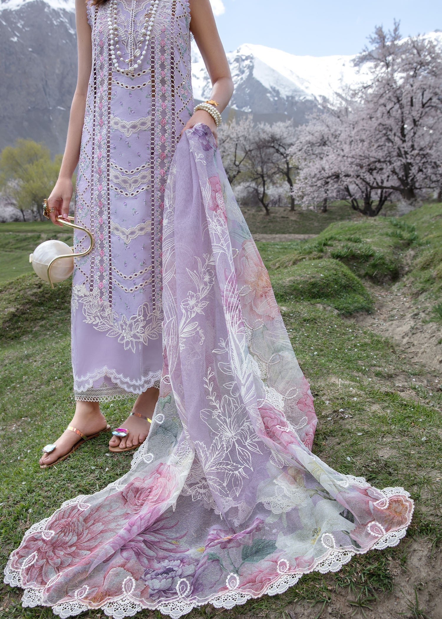 Crimson | Lawn 2024 | A Floral Mesh - Lavender - House Of Hania