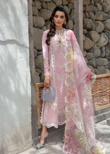 Crimson | Lawn 2024 | A Floral Mesh - Rose Pink - House Of Hania