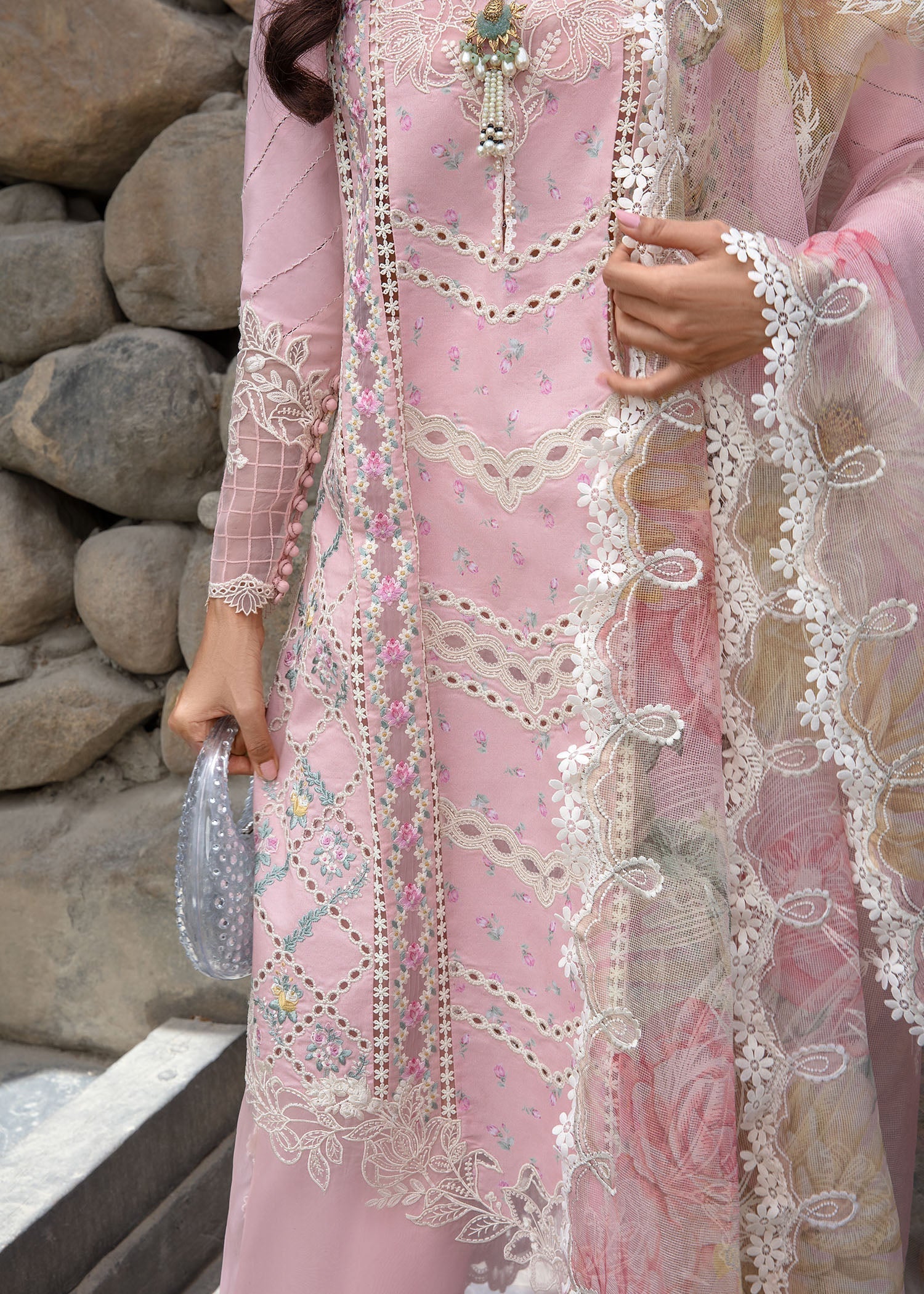 Crimson | Lawn 2024 | A Floral Mesh - Rose Pink - House Of Hania