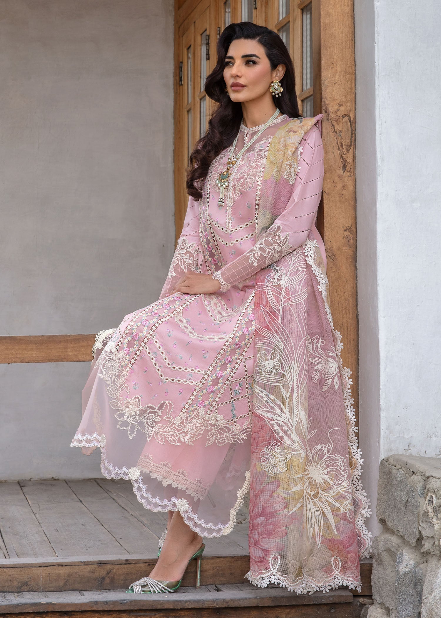 Crimson | Lawn 2024 | A Floral Mesh - Rose Pink - House Of Hania