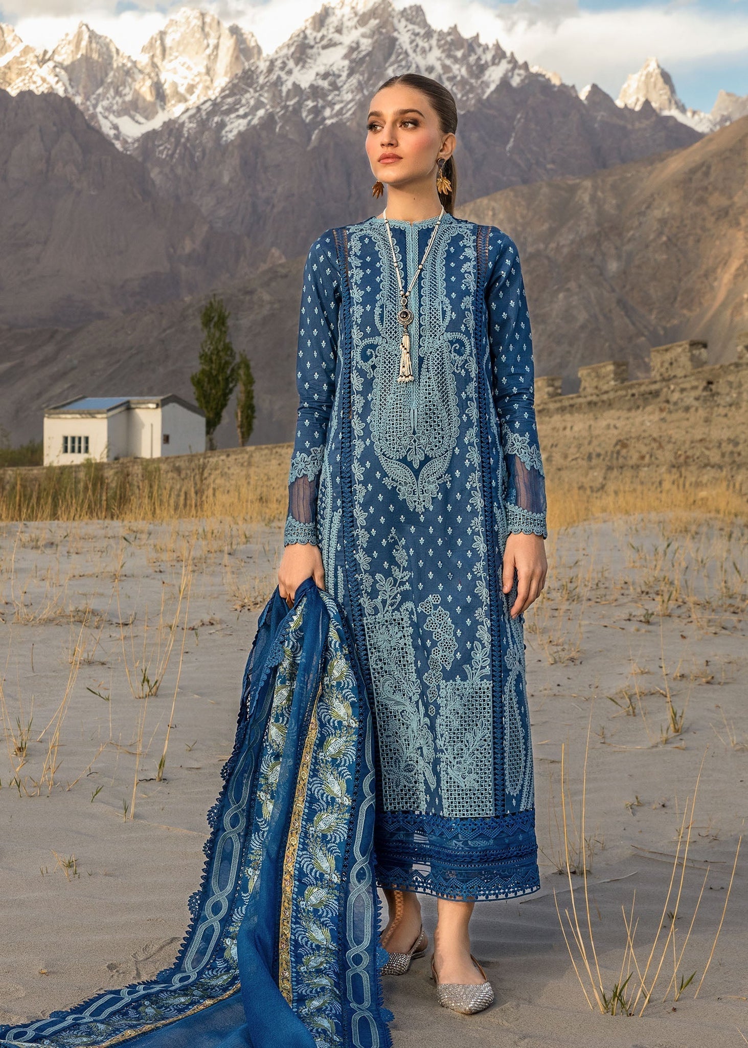 Crimson | Lawn 2024 | Dancing Paisleys - Cobalt - House Of Hania