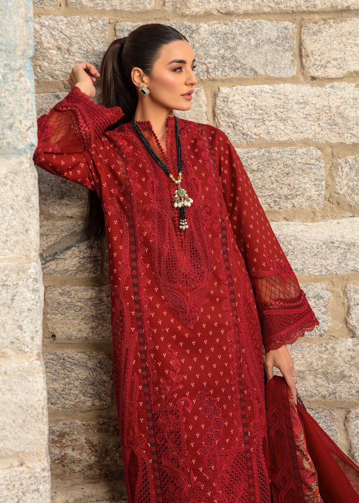 Crimson | Lawn 2024 | Dancing Paisleys - Ruby - House Of Hania