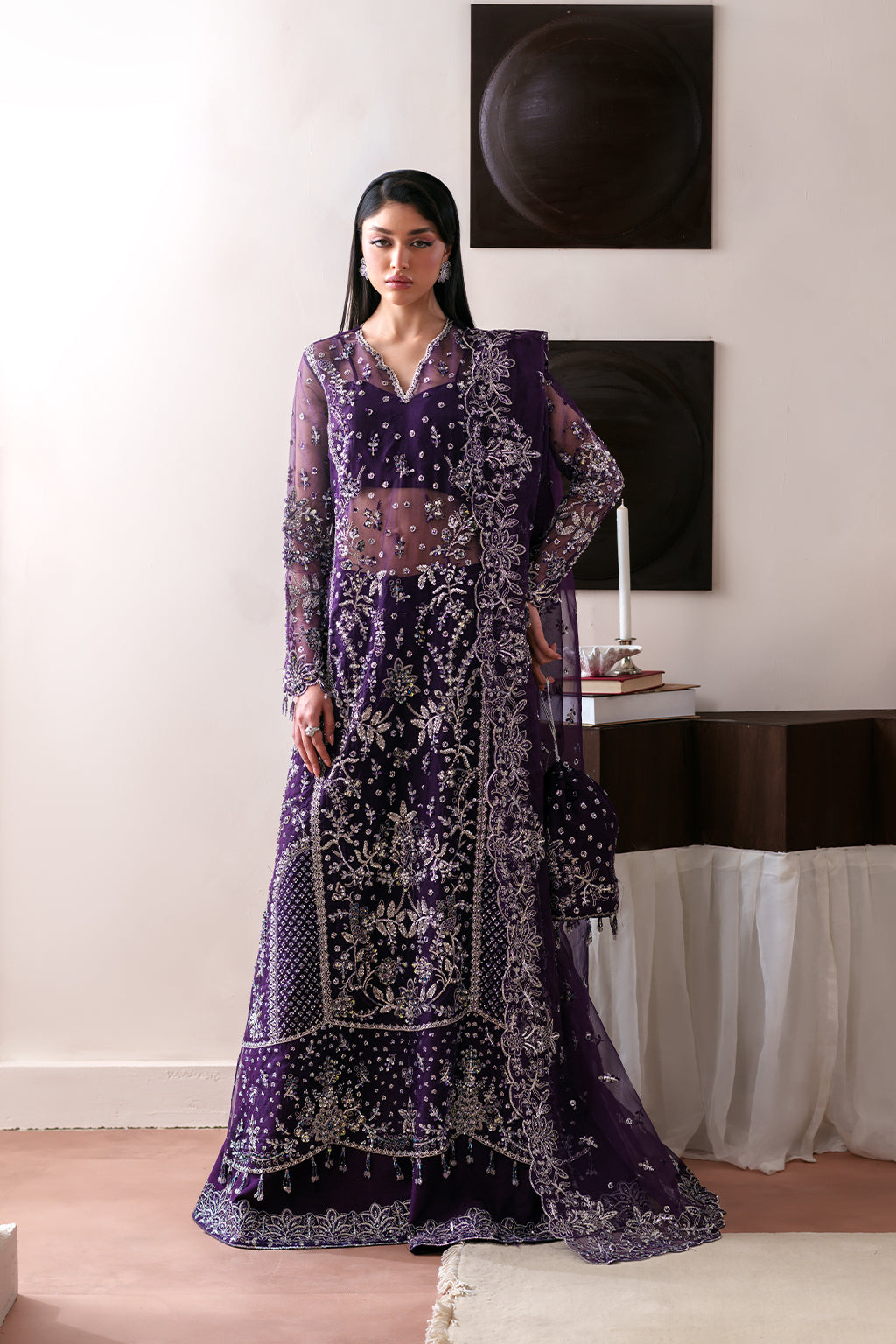 Emaan Adeel Tourmaline S0483 embroidered organza dress in deep purple — front view