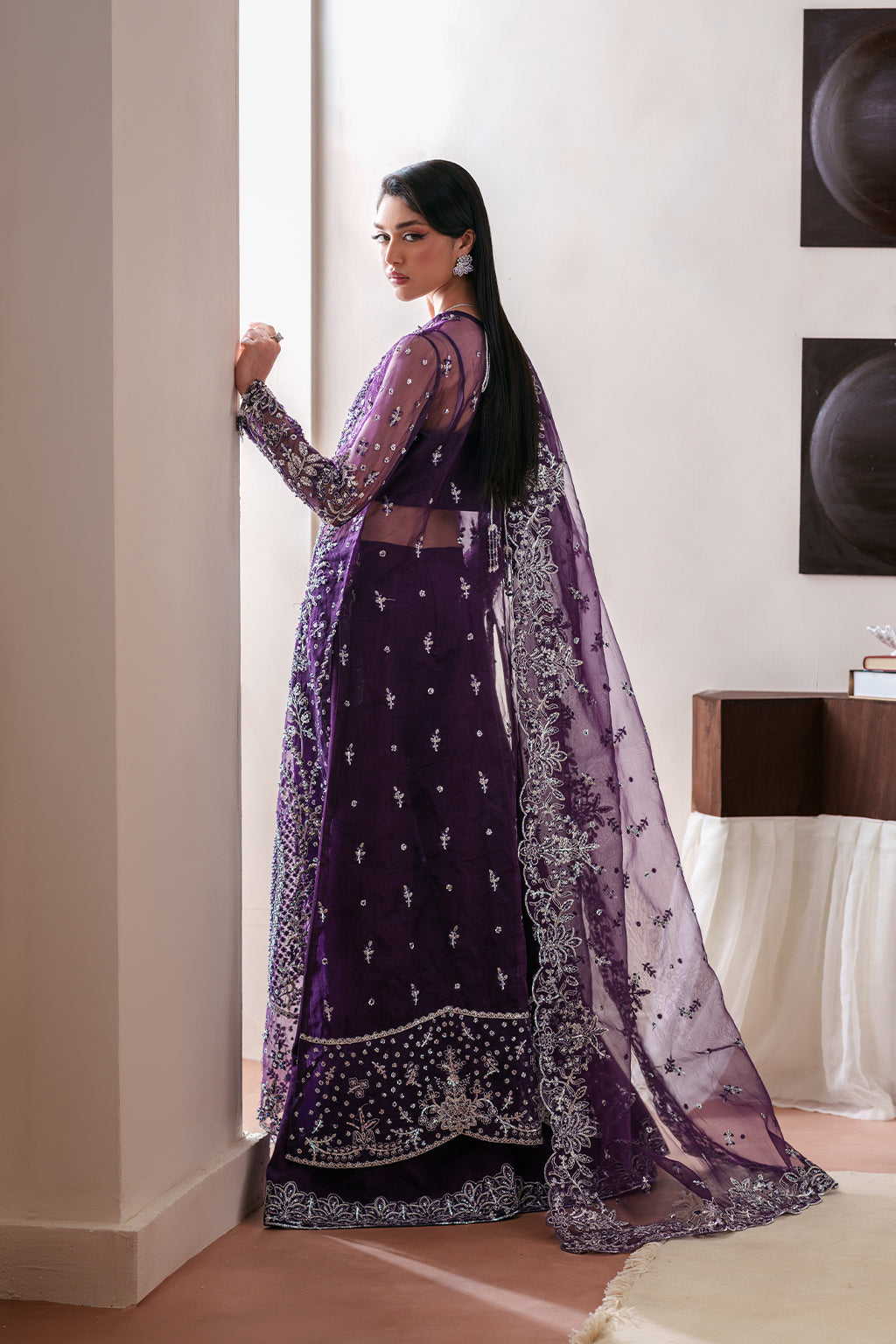 Emaan Adeel Tourmaline S0483 embroidered organza dress in deep purple — front view