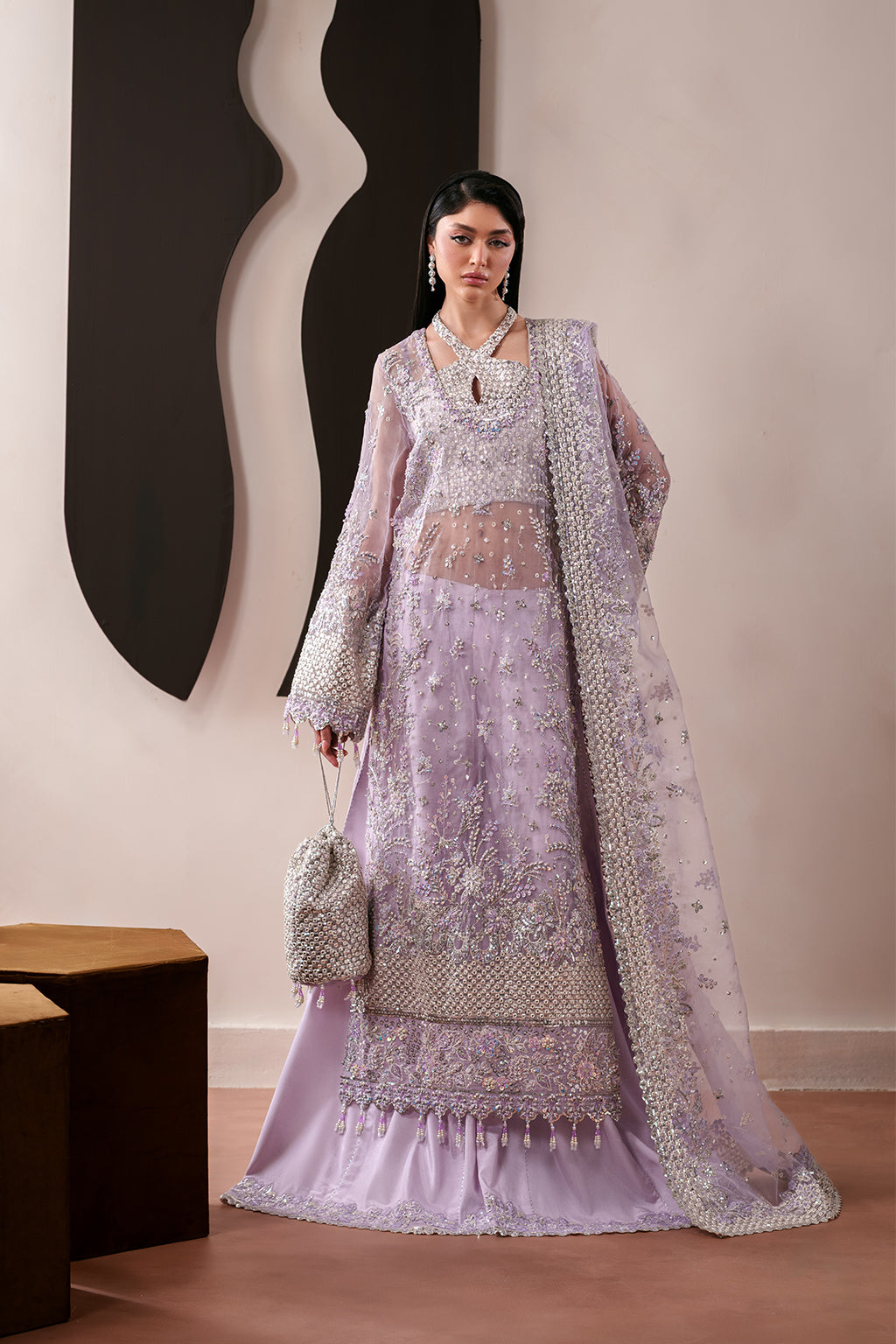 Emaan Adeel Lapis S0481 embroidered organza suit in lilac — front view