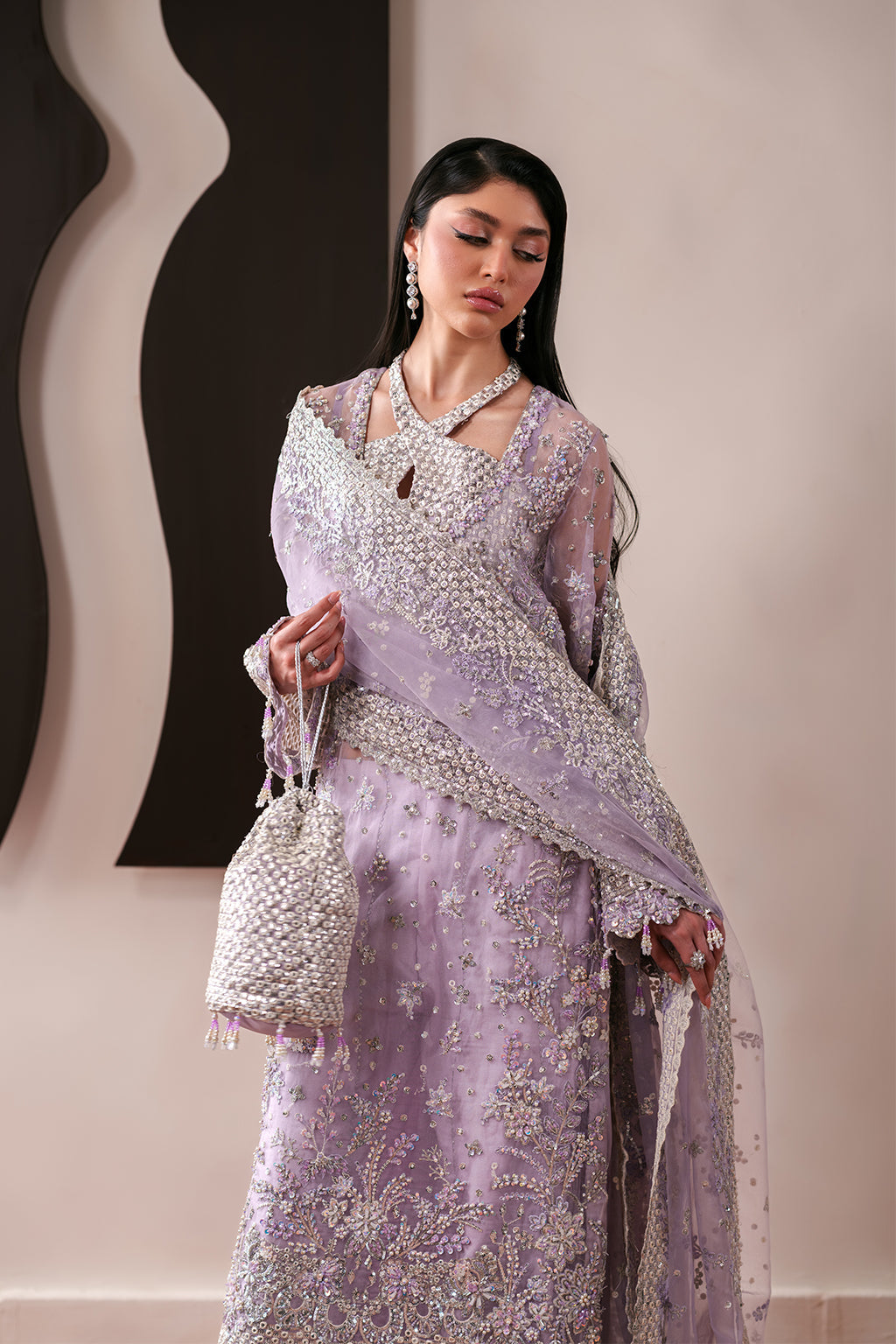 Emaan Adeel Lapis S0481 embroidered organza suit in lilac — upper-body view