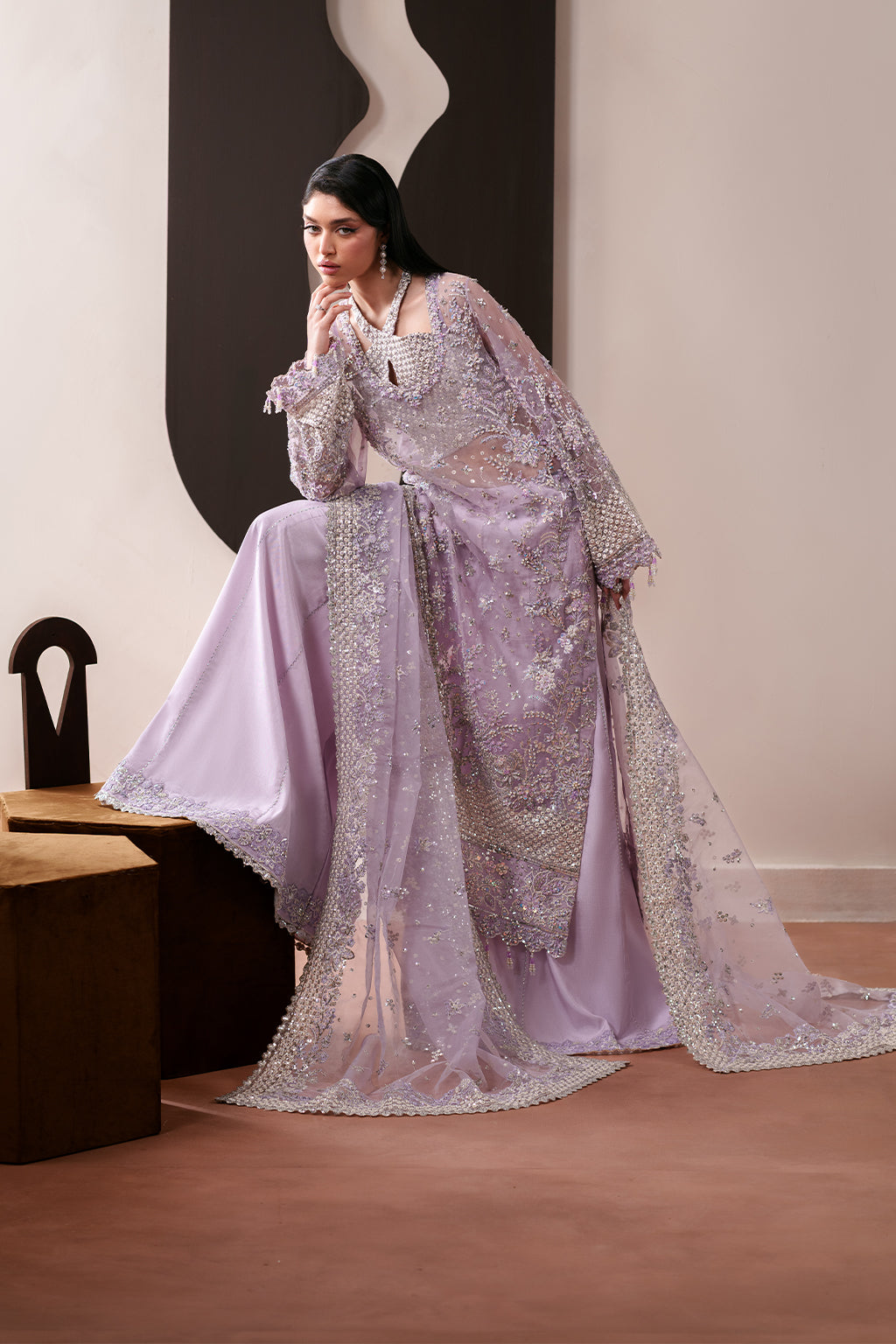 Emaan Adeel Lapis S0481 embroidered organza suit in lilac — front view