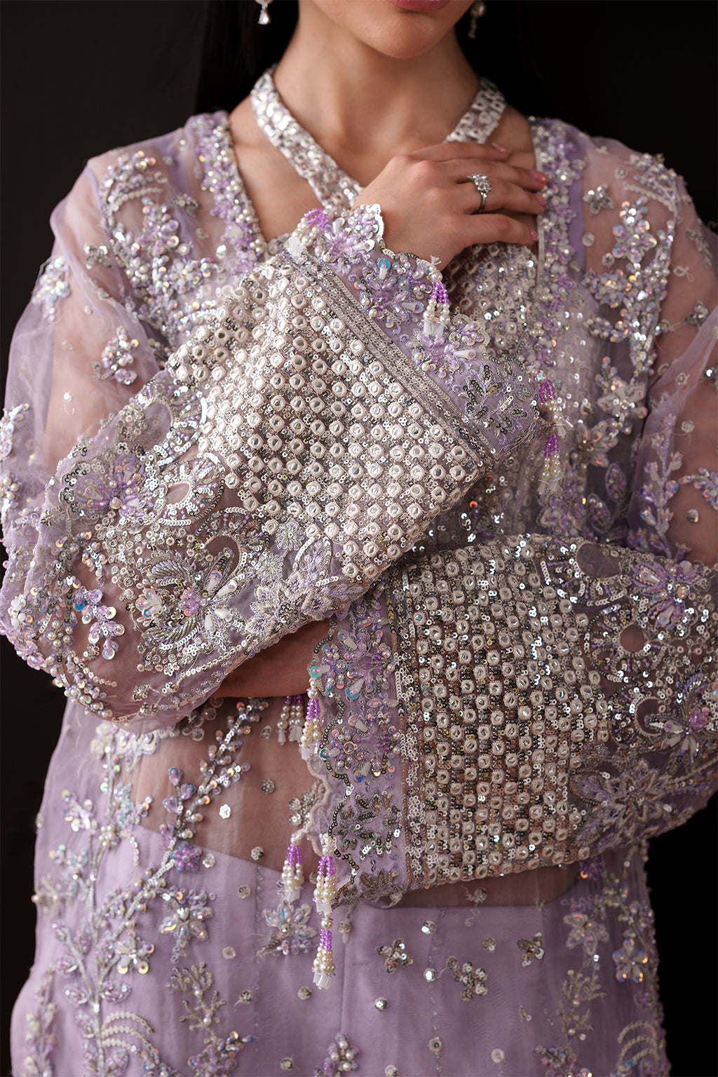 Emaan Adeel Lapis S0481 embroidered organza suit in lilac — embroidery close-up
