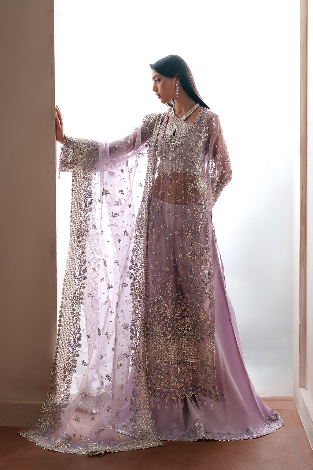 Emaan Adeel Lapis S0481 embroidered organza suit in lilac — front view