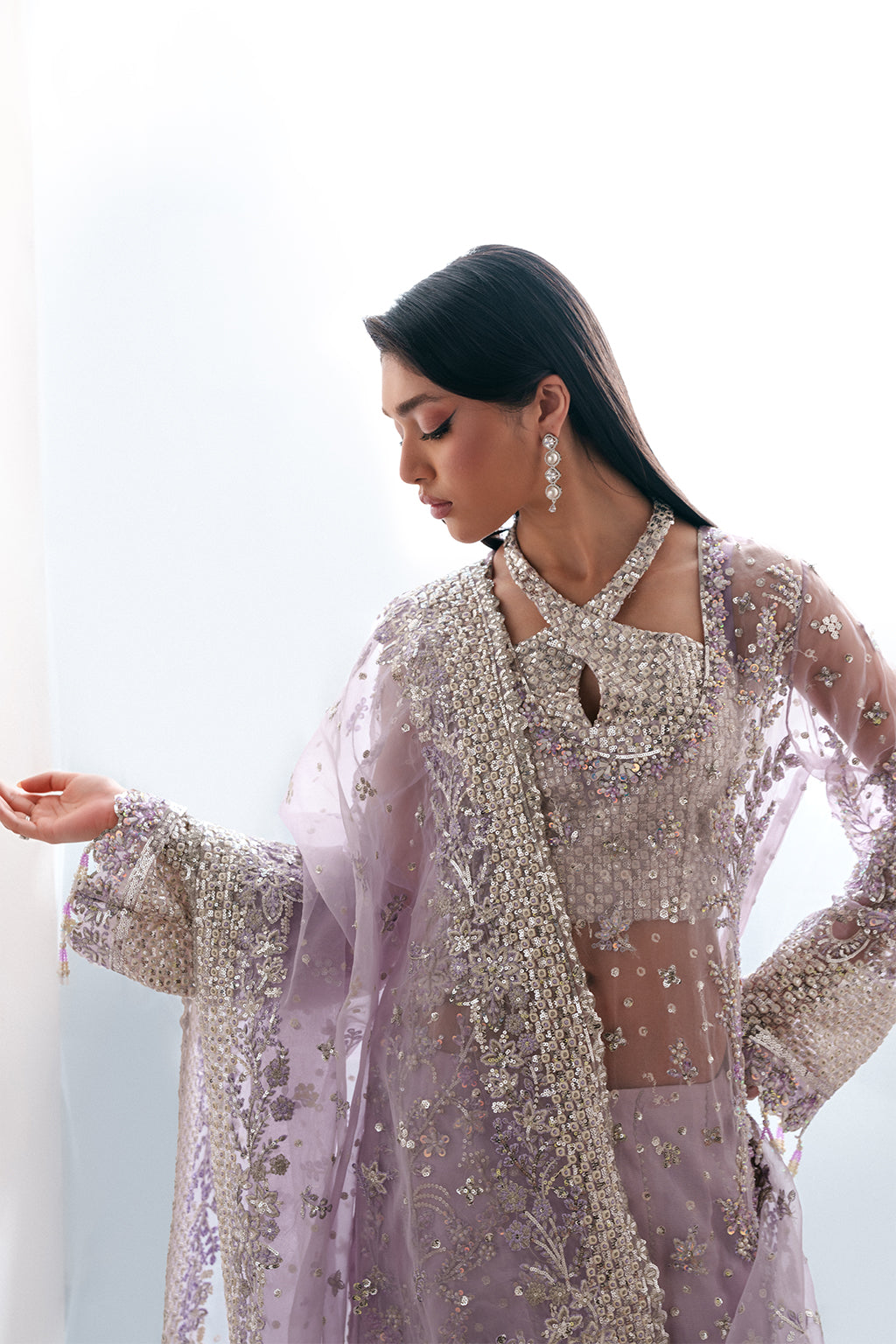 Emaan Adeel Lapis S0481 embroidered organza suit in lilac — upper-body view