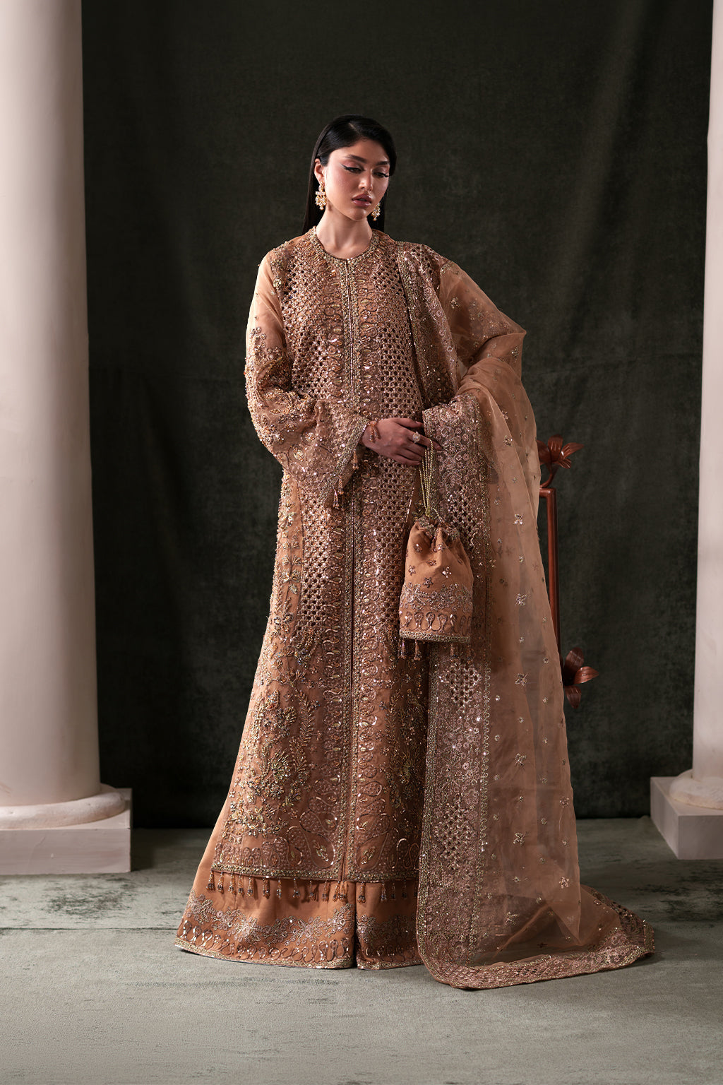 Emaan Adeel Hessonite S0484 embroidered organza suit in warm beige — front view