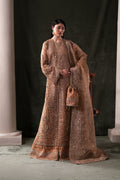 Emaan Adeel Hessonite S0484 embroidered organza suit in warm beige — front view