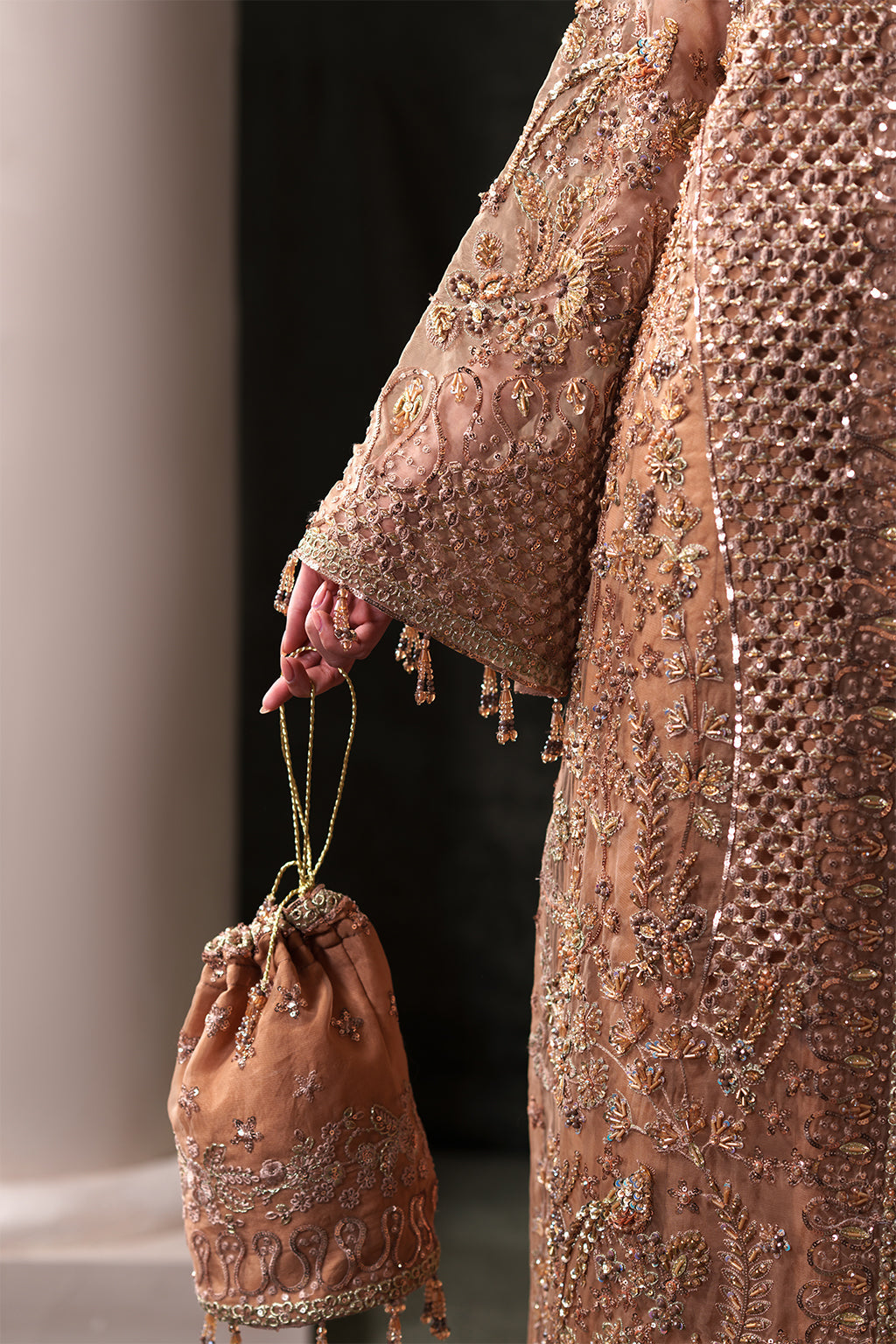 Emaan Adeel Hessonite S0484 embroidered organza suit in warm beige — sleeve detail