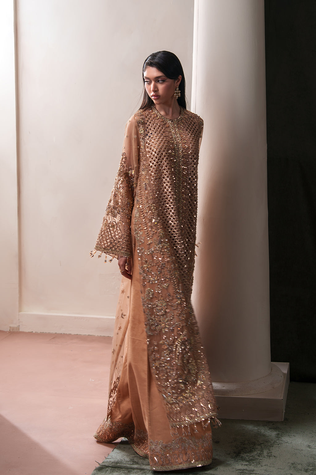 Emaan Adeel Hessonite S0484 embroidered organza suit in warm beige — front view