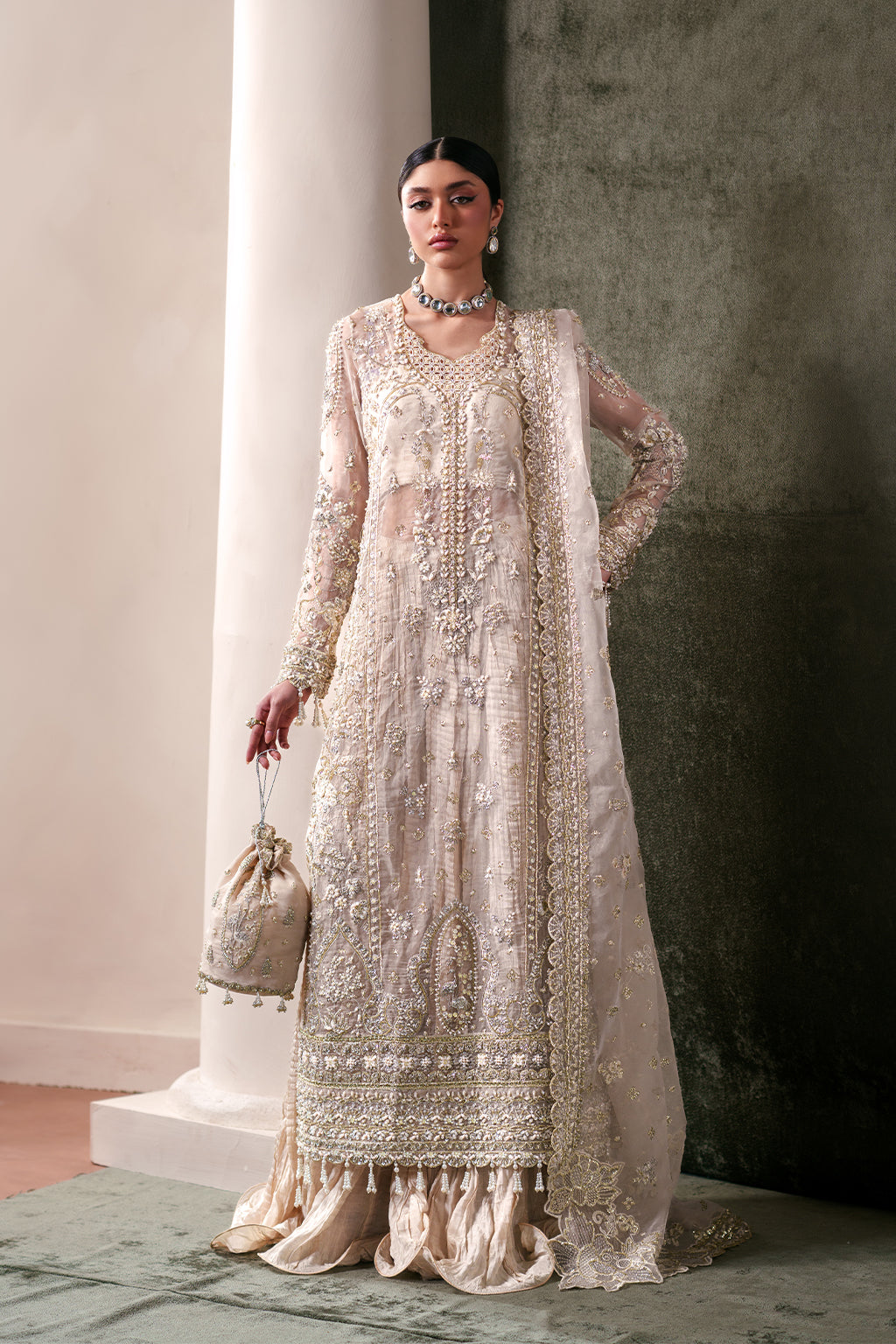 Emaan Adeel Howlite S0486 embroidered organza suit in ivory — front view